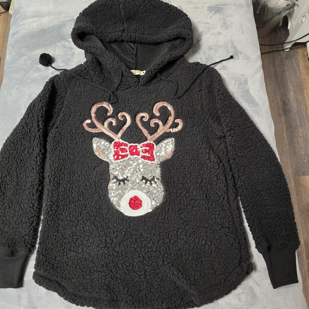 Chance or Fate Medium Black Sherpa Hoodie Sequin Reindeer‎ Christmas Holiday